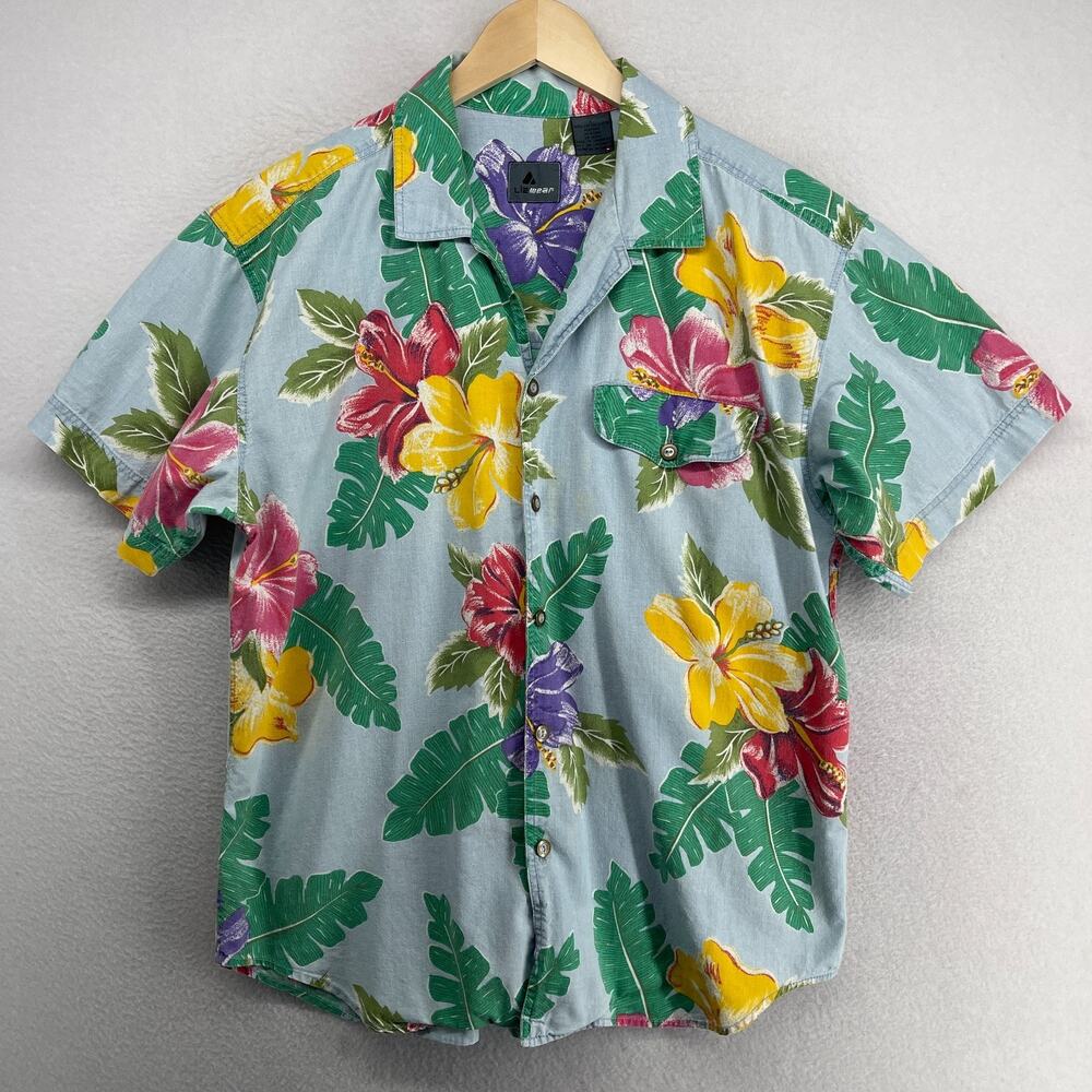 LIZWEAR Shirt Mens L Hibiscus Hawaiian Camp Button Up Cotton Green Blue VTG